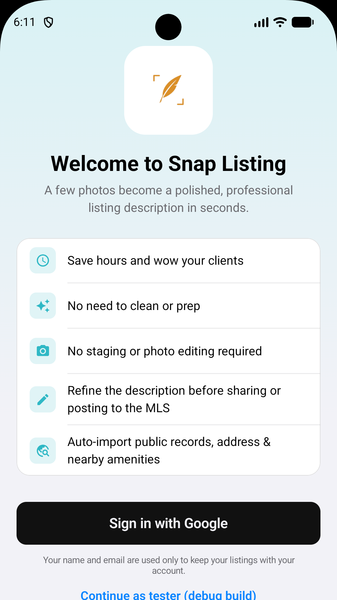 SnapListing for Android: dashboard screen